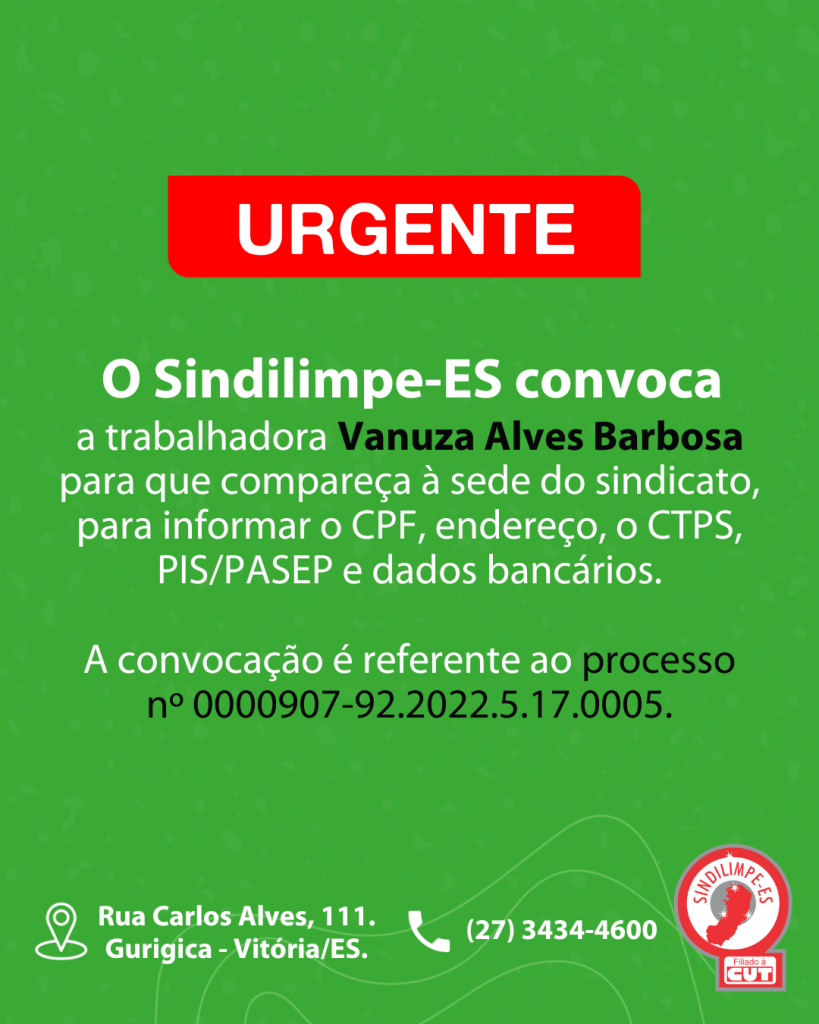 Sindilimpe Convoca A Trabalhadora Vanuza Alves Barbosa Para Que Compareça à Sede Do Sindicato 7841